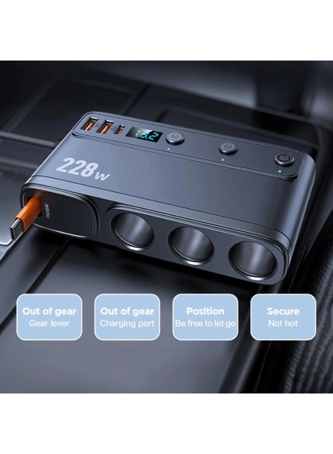 BlueFire 9 in 1 Car Lighter Splitter Adapter 228W, Multi Port Smart Car Charger with 3 Independent Switches, 3 Cigarette Lighter Sockets, 3 USB A, 2 USB C, Built In Type C Cable, QC3.0 PD Fast Charging, LED Voltage Display, 12V 24V Car Power Adapter for Car SUV Truck RV - Image 4