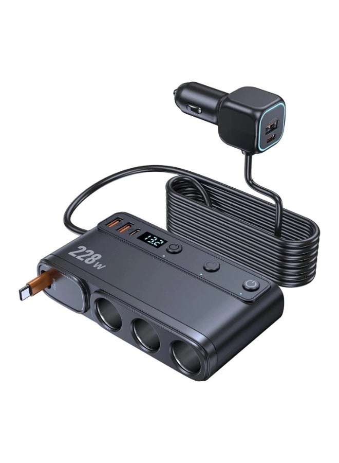 BlueFire 9 in 1 Car Lighter Splitter Adapter 228W, Multi Port Smart Car Charger with 3 Independent Switches, 3 Cigarette Lighter Sockets, 3 USB A, 2 USB C, Built In Type C Cable, QC3.0 PD Fast Charging, LED Voltage Display, 12V 24V Car Power Adapter for Car SUV Truck RV - Image 1