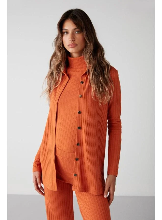 Ethiquet Marıan Women's Tucked Thick-Texture Button-Down Shirt with Collar, Long Sleeves, Brick-Color Cardigan.