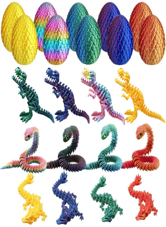 Capoda 12 Pack Easter 3D Printed Eggs with Surprise Figures Inside, Dragons Flexible Snakes Poseable Dinosaurs, Spring Basket Fillers, Desk Decor Fidget Collectibles - Image 1