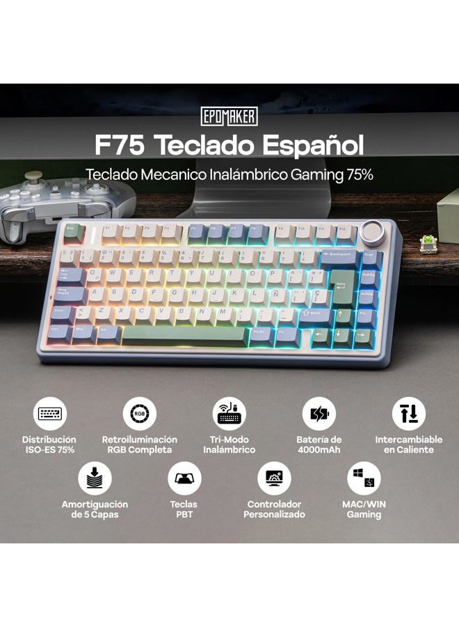 EPOMAKER Aula F75 ISO-ES Wireless Mechanical Gaming Keyboard, 75% Spanish Layout with Knob, Creamy Gasket, Sound-Dampening, RGB, Hot-Swap, BT/2.4Ghz (Green) - Image 2