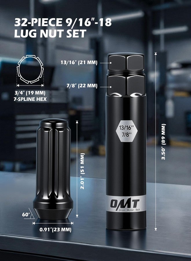 Orion Motor Tech صواميل عجلات أوريون موتور تك 9/16-18، عبوة من 32 قطعة، لون أسود، مقاس 9/16 × 18، ارتفاع 2 بوصة، مقعد مخروطي، متوافقة مع عجلات دودج رام 2500 و3500 موديلات 1994-2011، مقاس 8 × 6.5 و5 × 5.5 بوصة. - Image 2