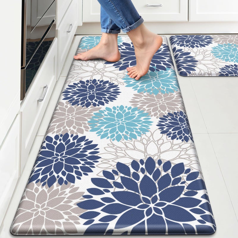 StepLively Kitchen Mats for Floor, Anti Fatigue Mats for Kitchen Floor, Kitchen Decor and Accessories Non Slip Washable Mats Set of 2 for Sink, Office, Laundry, 17.3"Ã—30"+17.3"Ã—47", Blue and White - Image 1