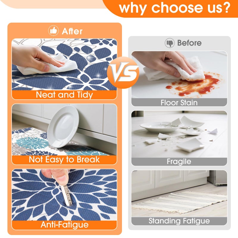 StepLively Kitchen Mats for Floor, Anti Fatigue Mats for Kitchen Floor, Kitchen Decor and Accessories Non Slip Washable Mats Set of 2 for Sink, Office, Laundry, 17.3"Ã—30"+17.3"Ã—47", Blue and White - Image 3