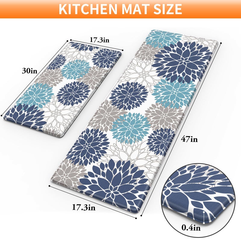 StepLively Kitchen Mats for Floor, Anti Fatigue Mats for Kitchen Floor, Kitchen Decor and Accessories Non Slip Washable Mats Set of 2 for Sink, Office, Laundry, 17.3"Ã—30"+17.3"Ã—47", Blue and White - Image 2