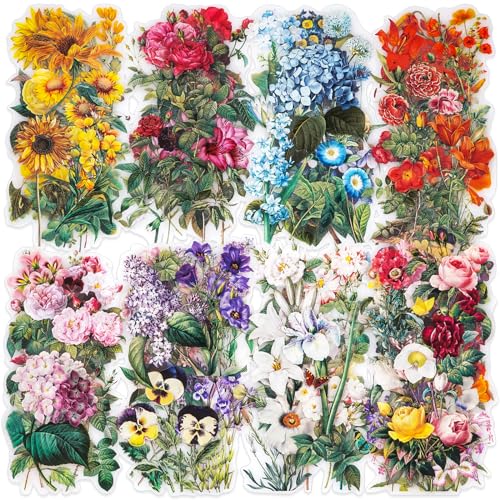 Knaid 100 Pieces Vintage Flower Stickers Set - Big 3.4" Waterproof Clear Botanical Floral Journaling Sticker for Scrapbooking Junk Journal Supplies Bullet Journals Planner Collage Laptop Paper Crafts - Image 1