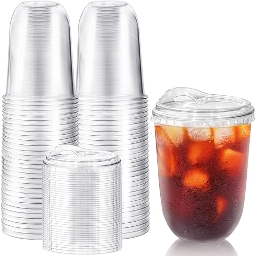Alaeseje 50 Pack Clear Plastic Cups with Strawless Sip Lids,16 oz Iced Coffee Cups with Lids,Disposable PET Crystal Cups,Round Bottom To Go Cup for Iced Coffee Juice Smoothie Cold Beverage - Image 1