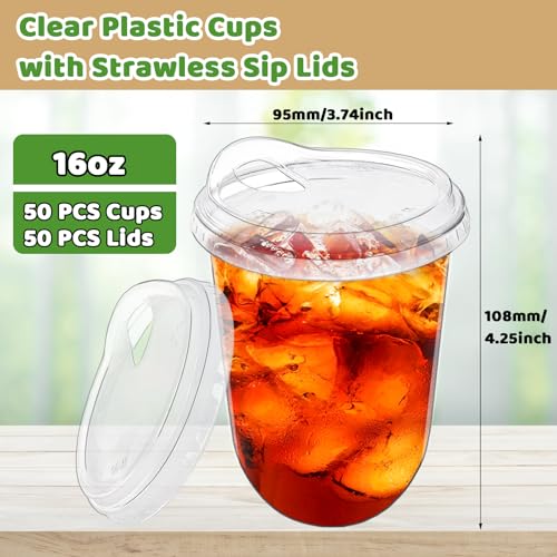 Alaeseje 50 Pack Clear Plastic Cups with Strawless Sip Lids,16 oz Iced Coffee Cups with Lids,Disposable PET Crystal Cups,Round Bottom To Go Cup for Iced Coffee Juice Smoothie Cold Beverage - Image 2