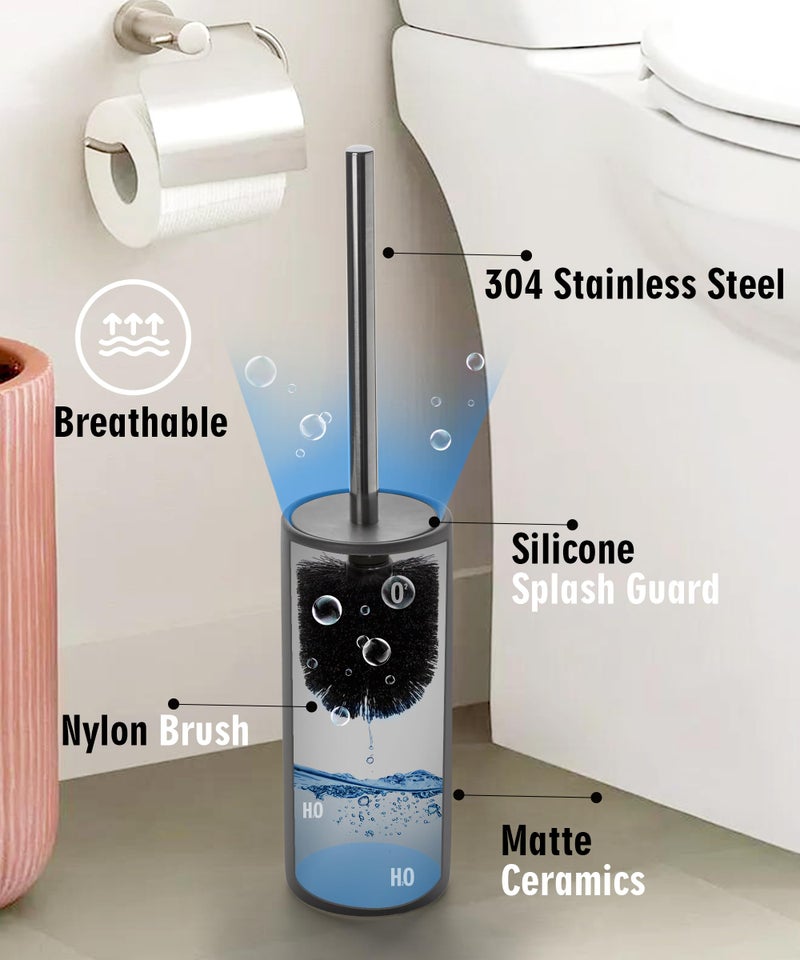 Viosuniu Matt Gray Ceramic Toilet Brush and Holder Set, Freestanding Toilet Bowl Cleaners Brush, Scrubber Brush for Toilet, Bathroom Accessories with Stainless Handle, Deep Cleaning - Image 5