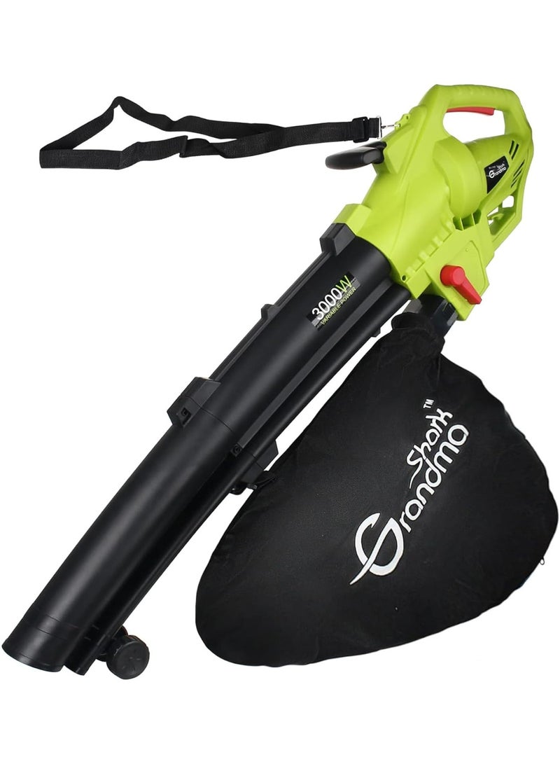 GRANDMA SHARK منفاخ ومكنسة أوراق كهربائية GRANDMA SHARK بقدرة 3000 واط 3 في 1، جهاز طحن أوراق الحديقة مع كيس تجميع كبير لتنظيف العشب والساحات (أخضر) - Image 1