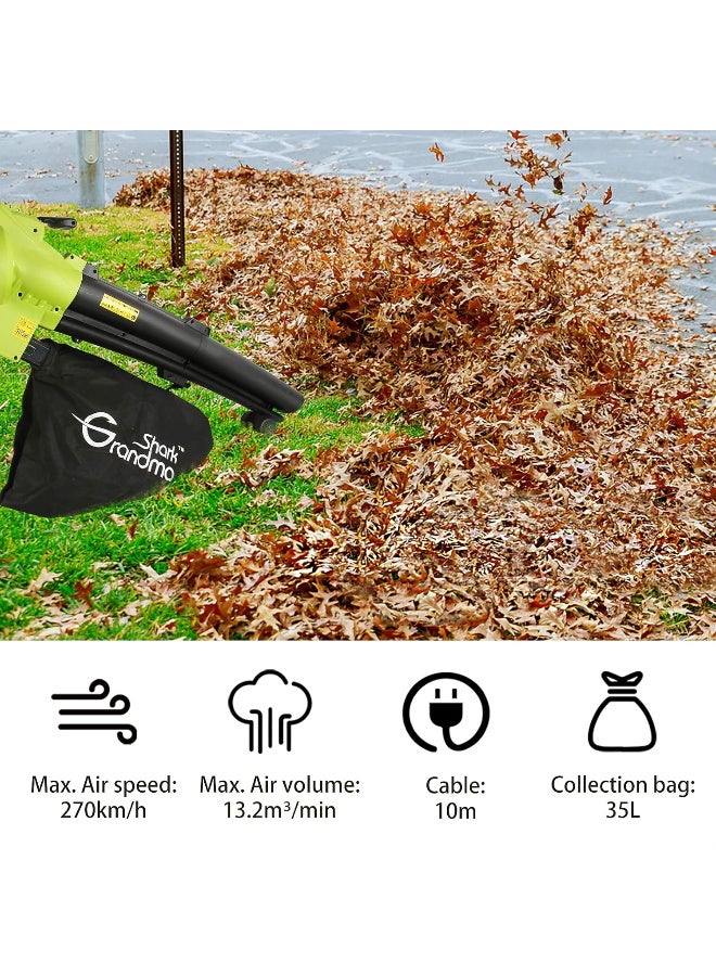 GRANDMA SHARK منفاخ ومكنسة أوراق كهربائية GRANDMA SHARK بقدرة 3000 واط 3 في 1، جهاز طحن أوراق الحديقة مع كيس تجميع كبير لتنظيف العشب والساحات (أخضر) - Image 3