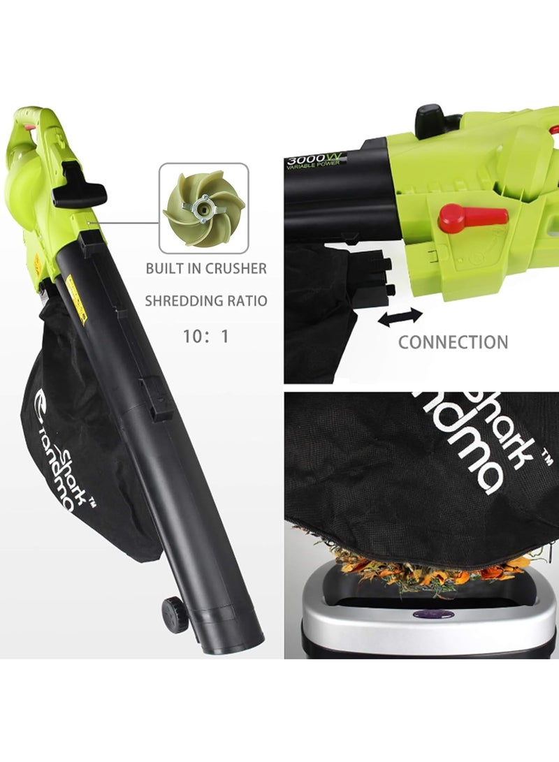 GRANDMA SHARK منفاخ ومكنسة أوراق كهربائية GRANDMA SHARK بقدرة 3000 واط 3 في 1، جهاز طحن أوراق الحديقة مع كيس تجميع كبير لتنظيف العشب والساحات (أخضر) - Image 4