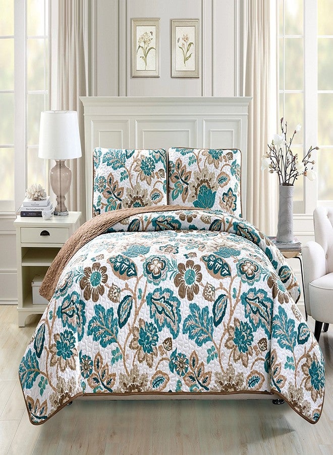 Linen Plus Quilted Bedspread Set Oversized Coverlet Floral Brown Teal White New (King/Cal King)