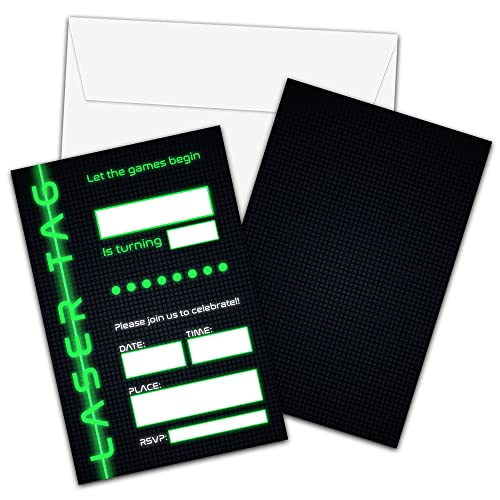 Foosproea Laser Tag Birthday Invitations with Envelopes - Lasertag Party Invitation Card for Boys/Girls - Pixel Grid Neon Glow Fill-in Invites Cards - Laser Tag Party Celebration(20 Pack) -13 - Image 1