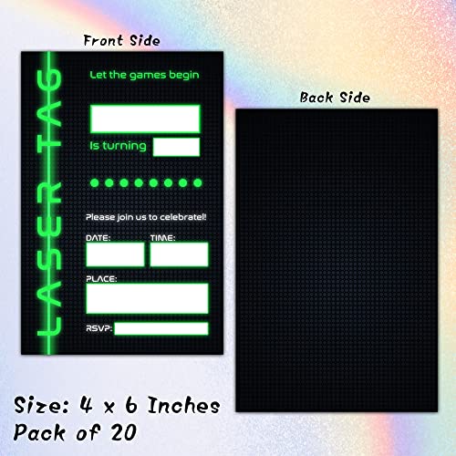 Foosproea Laser Tag Birthday Invitations with Envelopes - Lasertag Party Invitation Card for Boys/Girls - Pixel Grid Neon Glow Fill-in Invites Cards - Laser Tag Party Celebration(20 Pack) -13 - Image 2
