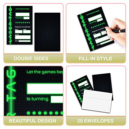 Foosproea Laser Tag Birthday Invitations with Envelopes - Lasertag Party Invitation Card for Boys/Girls - Pixel Grid Neon Glow Fill-in Invites Cards - Laser Tag Party Celebration(20 Pack) -13 - Image 3