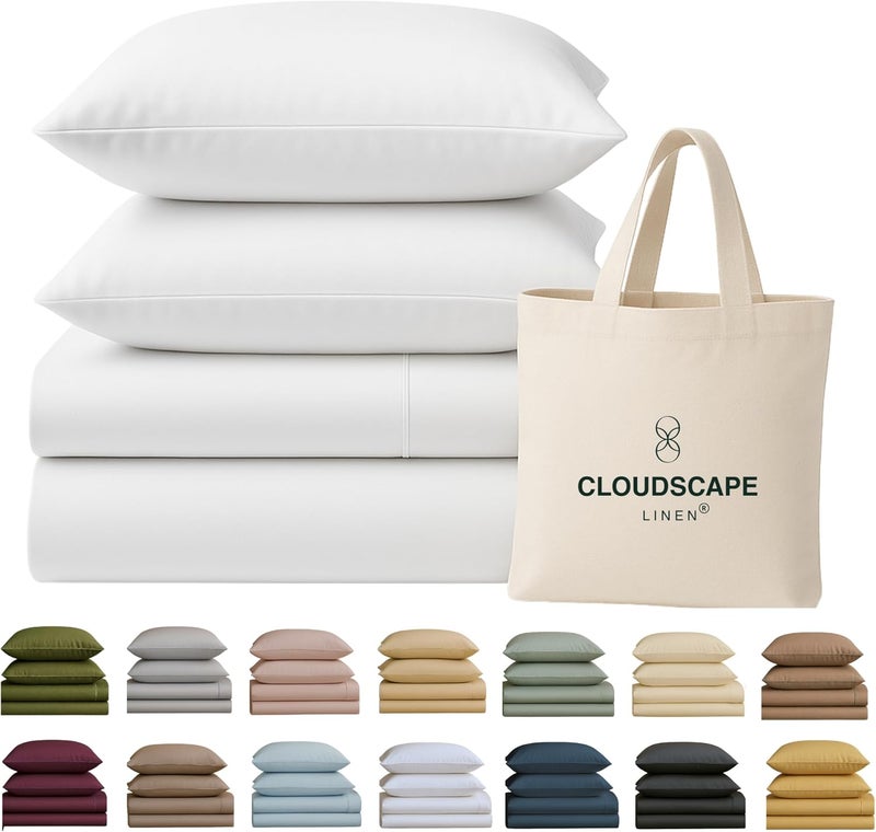 كلاود سكيب لينين مجموعة شراشف Cloud Scape Linen من القطن المصري 100% مقاس كاليفورنيا كينج 4 قطع، عدد الخيوط 400، جودة فندقية، حريري النعومة، مسامي، متين، جيوب عميقة تصل إلى 17 بوصة، أبيض - Image 1
