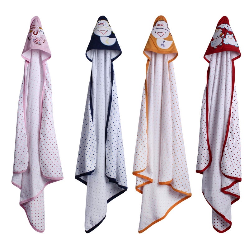 superminis Cotton Single Layered Polka Dot Printed Blanket Cum Wrapping Sheet Cum Baby Towel with Embroidered Hood for Babies (Pack of 4, Multicolor) - Image 1
