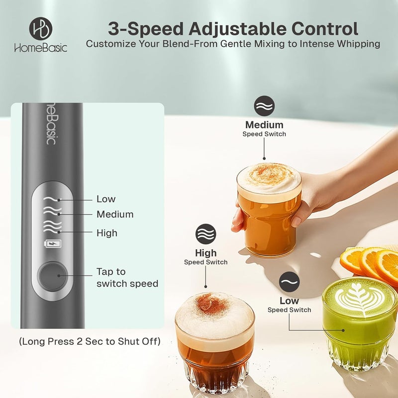 Home Basic خلاط حليب كهربائي بسرعة 3، صانع رغوة محمول مع بطارية قابلة للشحن USB بسعة 1200 مللي أمبير، خفاقات من الفولاذ المقاوم للصدأ 304، تشغيل صامت للقهوة، اللاتيه، الماتشا، البيض (رمادي) - Image 4