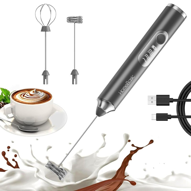 Home Basic خلاط حليب كهربائي بسرعة 3، صانع رغوة محمول مع بطارية قابلة للشحن USB بسعة 1200 مللي أمبير، خفاقات من الفولاذ المقاوم للصدأ 304، تشغيل صامت للقهوة، اللاتيه، الماتشا، البيض (رمادي) - Image 1