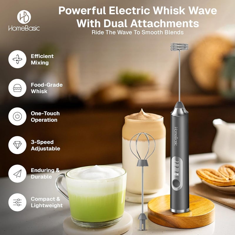 Home Basic خلاط حليب كهربائي بسرعة 3، صانع رغوة محمول مع بطارية قابلة للشحن USB بسعة 1200 مللي أمبير، خفاقات من الفولاذ المقاوم للصدأ 304، تشغيل صامت للقهوة، اللاتيه، الماتشا، البيض (رمادي) - Image 2