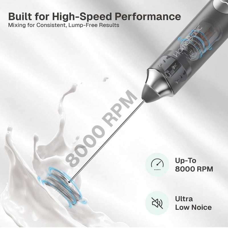 Home Basic خلاط حليب كهربائي بسرعة 3، صانع رغوة محمول مع بطارية قابلة للشحن USB بسعة 1200 مللي أمبير، خفاقات من الفولاذ المقاوم للصدأ 304، تشغيل صامت للقهوة، اللاتيه، الماتشا، البيض (رمادي) - Image 5