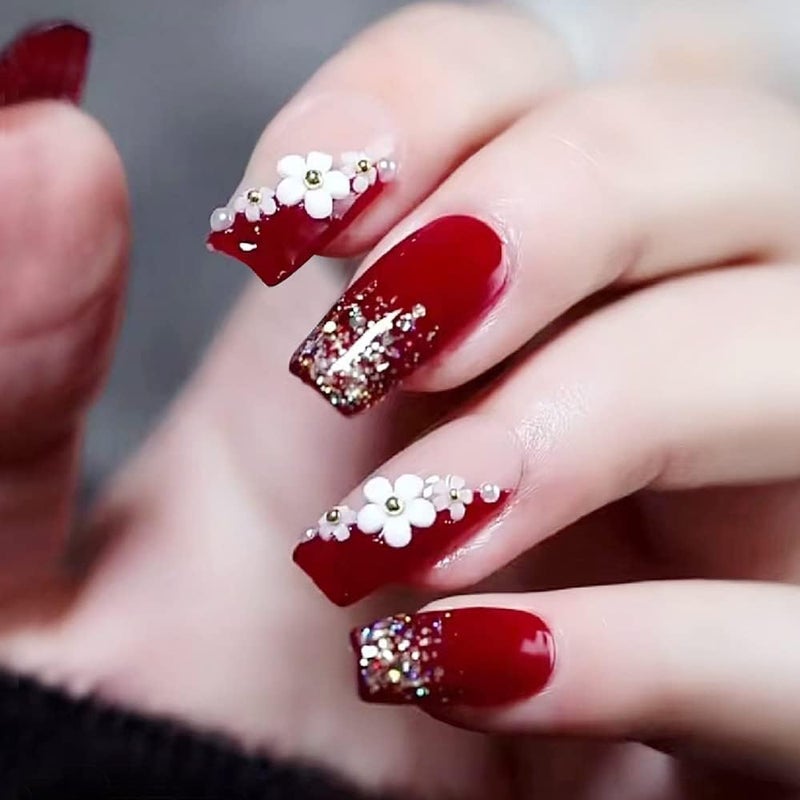 Generic SR FUSION 12 Reusable Artificial Fake Nail Set Maroon Color With 3D White Flower Nails With Golden Glitter Glossy Nails Lightweight Long Lasting Quick Fix For Festivals Special Occasions - Image 1
