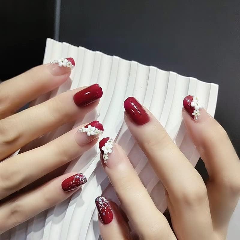 Generic SR FUSION 12 Reusable Artificial Fake Nail Set Maroon Color With 3D White Flower Nails With Golden Glitter Glossy Nails Lightweight Long Lasting Quick Fix For Festivals Special Occasions - Image 3