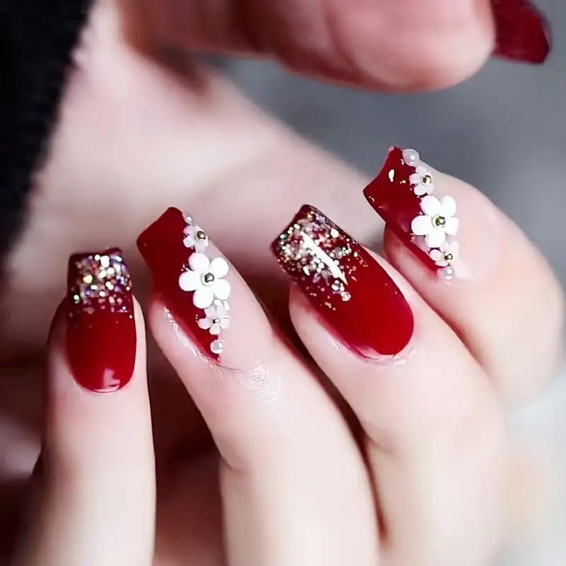 Generic SR FUSION 12 Reusable Artificial Fake Nail Set Maroon Color With 3D White Flower Nails With Golden Glitter Glossy Nails Lightweight Long Lasting Quick Fix For Festivals Special Occasions - Image 2