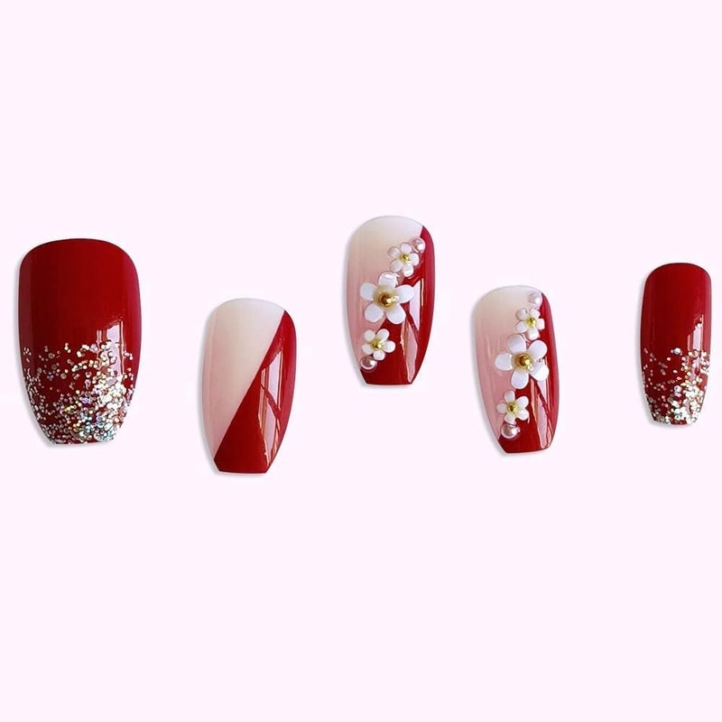 Generic SR FUSION 12 Reusable Artificial Fake Nail Set Maroon Color With 3D White Flower Nails With Golden Glitter Glossy Nails Lightweight Long Lasting Quick Fix For Festivals Special Occasions - Image 5