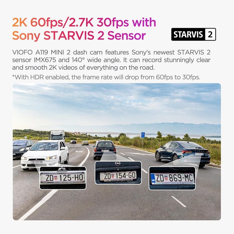 Viofo كاميرا داش VIOFO A119 ميني 2، مستشعر STARVIS 2، 2K 60fps/HDR 30fps تحكم صوتي كاميرا داش للسيارة مع واي فاي 5GHz GPS، رؤية ليلية 2.0، وضع وقوف السيارات 24 ساعة، مكثف فائق (بطاقة SD غير مدرجة) - Image 2