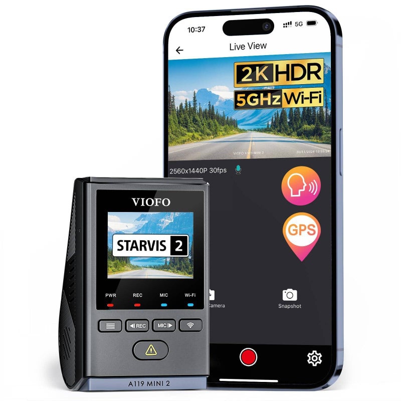 Viofo كاميرا داش VIOFO A119 ميني 2، مستشعر STARVIS 2، 2K 60fps/HDR 30fps تحكم صوتي كاميرا داش للسيارة مع واي فاي 5GHz GPS، رؤية ليلية 2.0، وضع وقوف السيارات 24 ساعة، مكثف فائق (بطاقة SD غير مدرجة) - Image 1