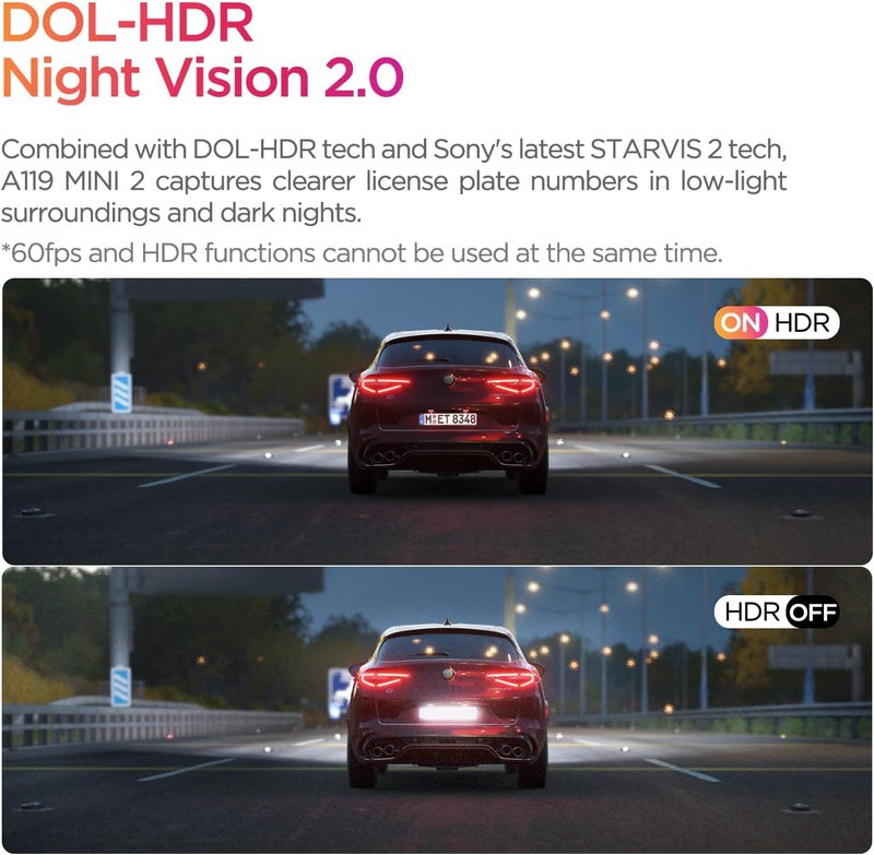 Viofo كاميرا داش VIOFO A119 ميني 2، مستشعر STARVIS 2، 2K 60fps/HDR 30fps تحكم صوتي كاميرا داش للسيارة مع واي فاي 5GHz GPS، رؤية ليلية 2.0، وضع وقوف السيارات 24 ساعة، مكثف فائق (بطاقة SD غير مدرجة) - Image 3