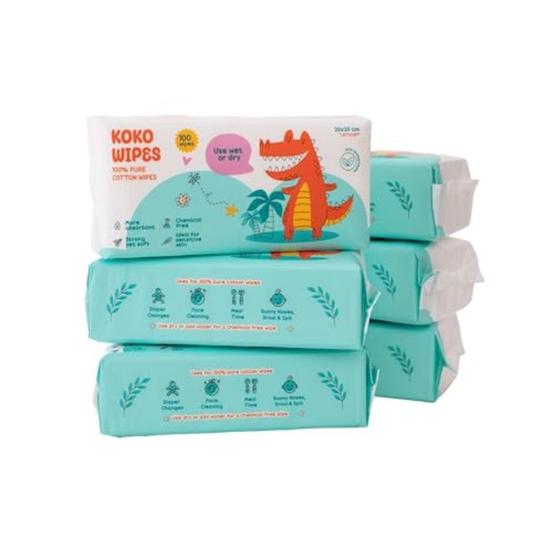 Koko Wipes 100% Cotton Dry Baby Wipes, 600 Count, Unscented, Super Absorbent and Hypoallergenic, Use Wet or Dry, For Sensitive Skin and Diaper Changes - Image 1