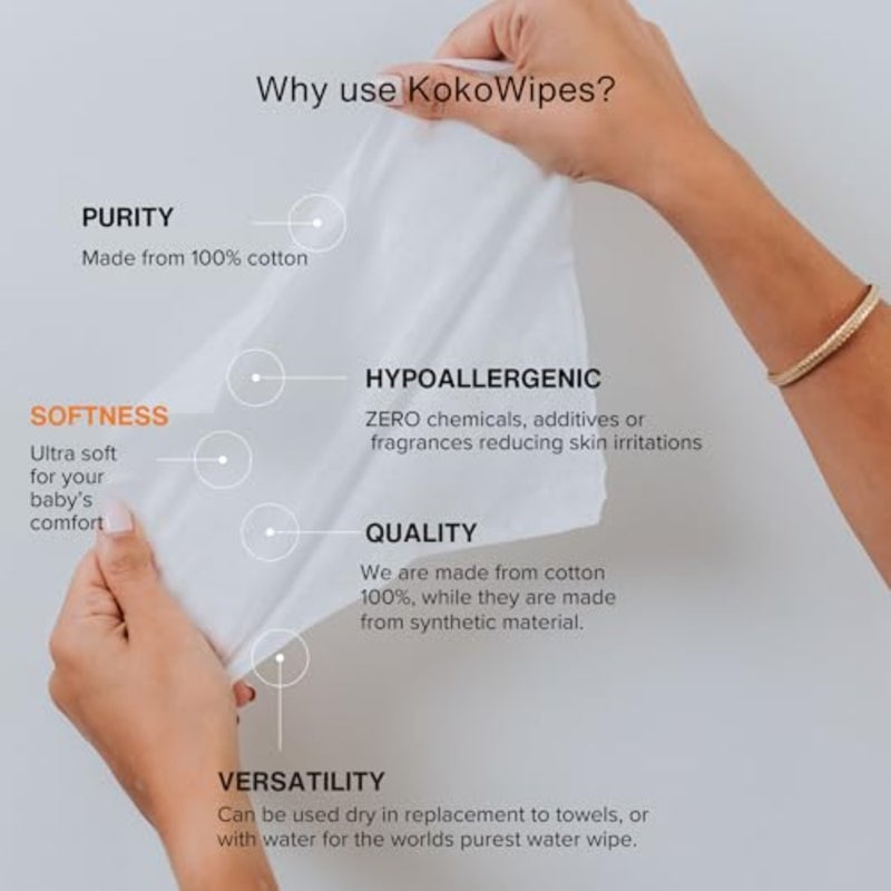 Koko Wipes 100% Cotton Dry Baby Wipes, 600 Count, Unscented, Super Absorbent and Hypoallergenic, Use Wet or Dry, For Sensitive Skin and Diaper Changes - Image 4