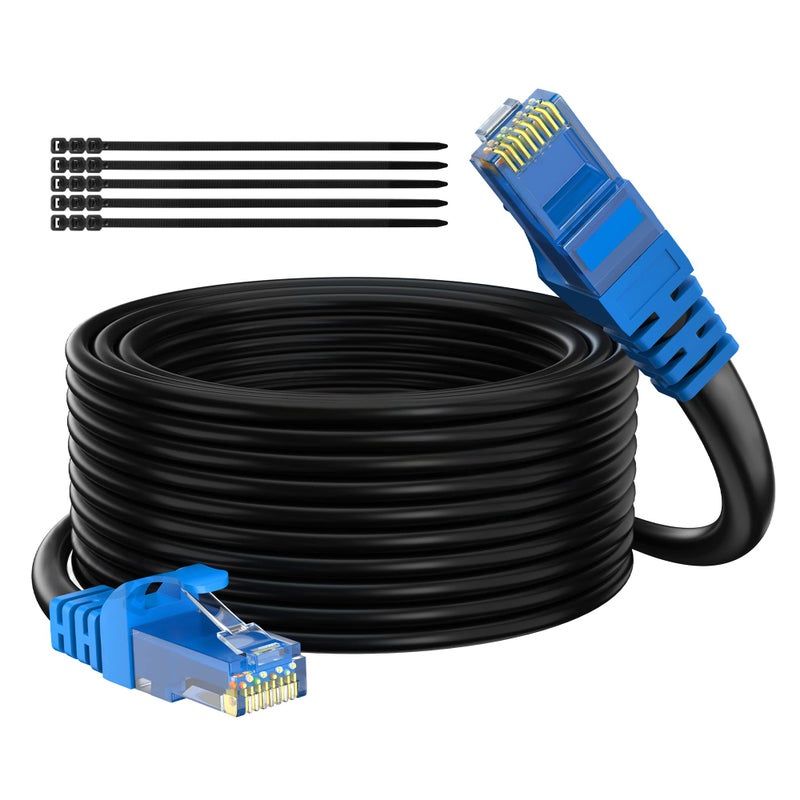 Adoreen Cat 6 Outdoor Ethernet Cable 50 Ft Black High Speed Heavy Duty Long Internet Network Cable for POE Camera Cat 5 5e RJ45 LAN Patch Cable Cord Sturdy Waterproof Direct Burial25 Ties