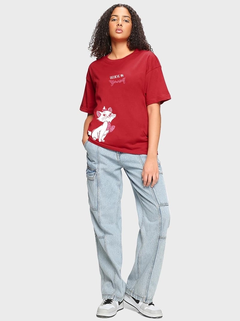Bewakoof Women's Believe Cat Graphic Print 100% Cotton T-Shirt- Oversized Fit, Round Neck, Half Sleeve - Image 4