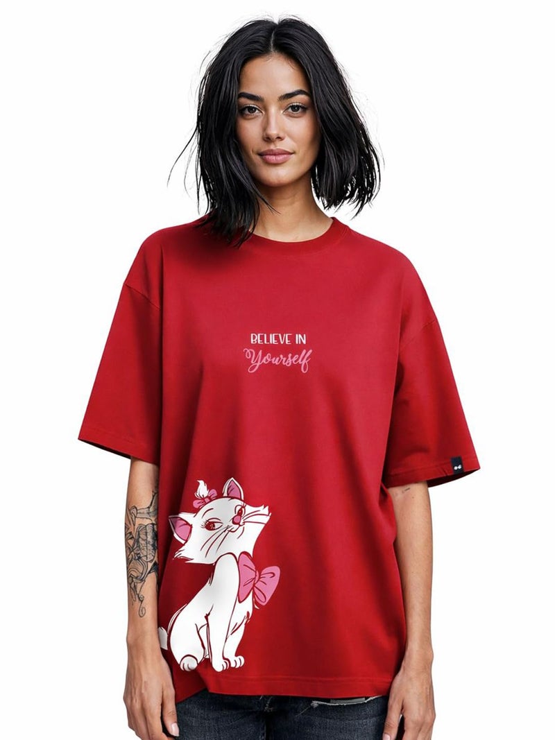 Bewakoof Women's Believe Cat Graphic Print 100% Cotton T-Shirt- Oversized Fit, Round Neck, Half Sleeve - Image 1