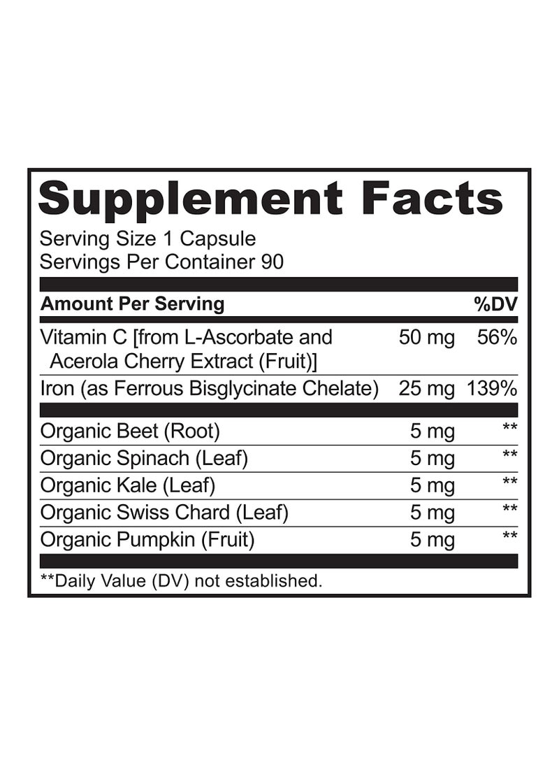 Iron With Vitamin C Advanced Bioavailability,25mg Non-Constipating Iron Gentle On The Stomach-90 Vegetarian Capsules