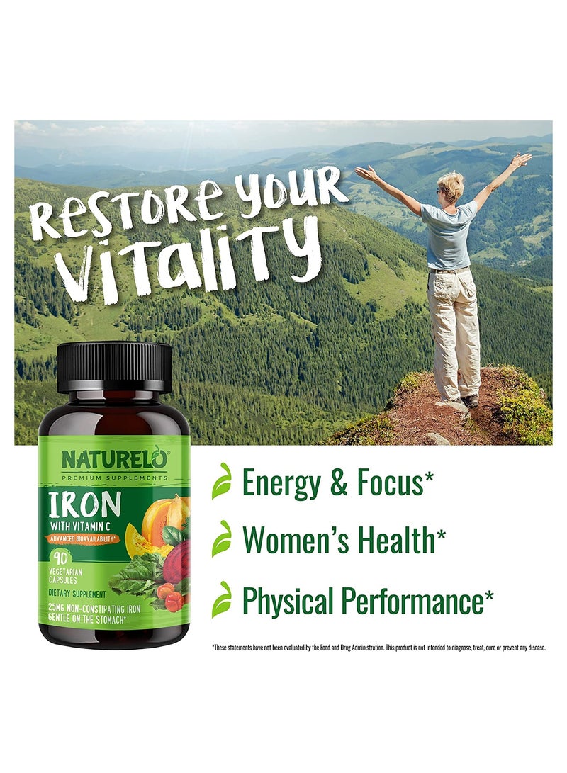 Iron With Vitamin C Advanced Bioavailability,25mg Non-Constipating Iron Gentle On The Stomach-90 Vegetarian Capsules