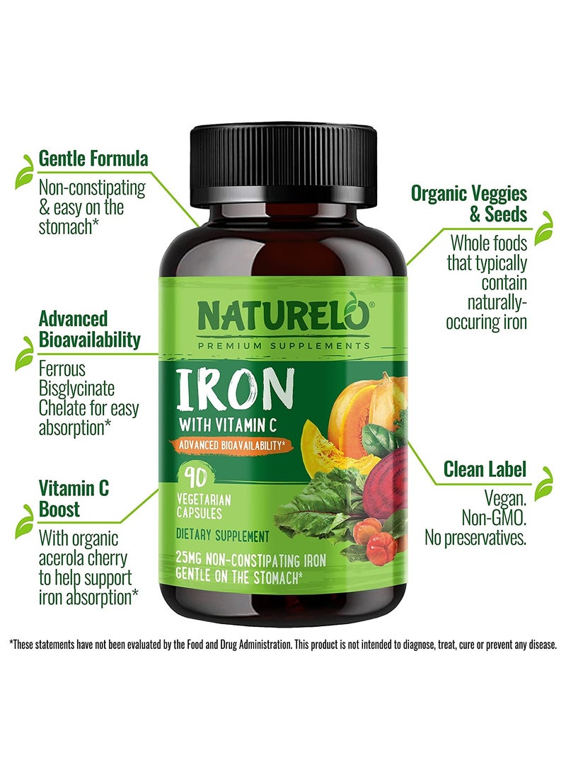 Iron With Vitamin C Advanced Bioavailability,25mg Non-Constipating Iron Gentle On The Stomach-90 Vegetarian Capsules