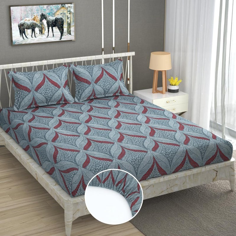 Furnofy 100 Cotton 200TC Fitted Elastic Bedsheet Bedroom Daily Use Fitted Bedspread with 2 Pillow Covers L78 x B72 Upto 6 Pocket Blue - Image 1