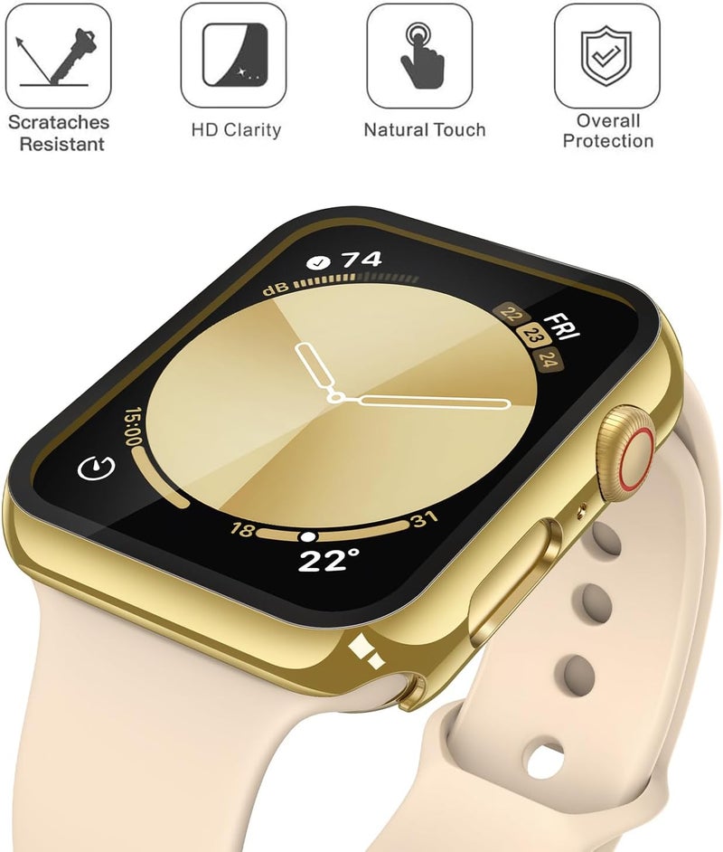 Misxi 2 Pack Tempered Glass Case Compatible for Apple Watch SE 3 (2025) SE 2 SE Series 6 Series 5 Series 4 44mm, Hard PC Screen Protector Overall Protection Cover for iWatch, 1 Gold + 1 Transparent - Image 3