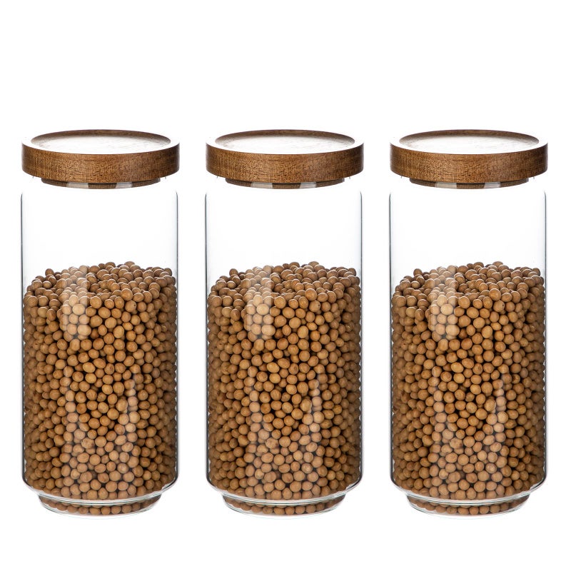 Homtop Glass Storage Jars with Acacia Wooden Lid Set of 3, 34 OZ High Borosilicate Glass Containers Kitchen Food Canisters s for Coffee Beans/Sugar/Tea/Nuts - Image 1