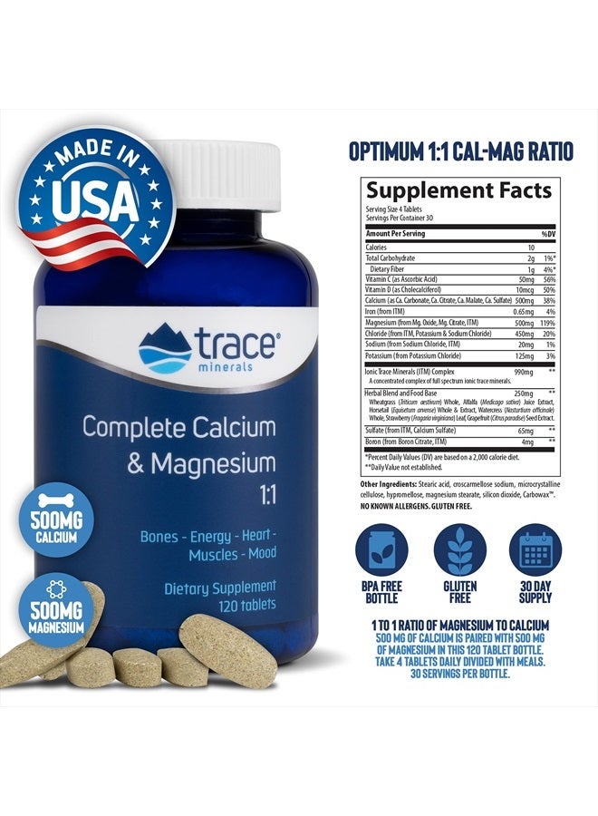 Trace Minerals Complete Calcium & Magnesium 1:1 | Powerful Bone, Energy, Heart, Muscle & Mood Support | Certified Vegetarian, Gluten Free | 120 Tablets - Image 2