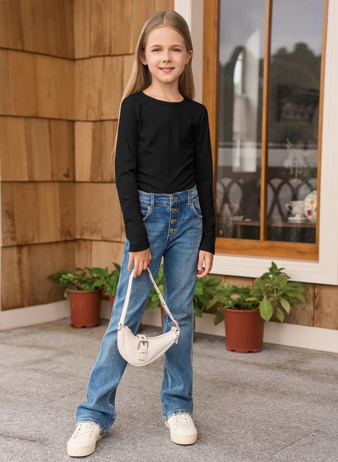 Haloumoning تيشيرت بناتي بأكمام طويلة من هالومونينج، بياقة دائرية، وجوانب مكشكشة، وقصة ضيقة، ونسيج مضلع، مناسب للأعمار من 4 إلى 15 سنة، لون أسود، ومقاسات من 13 إلى 14 سنة. - Image 5
