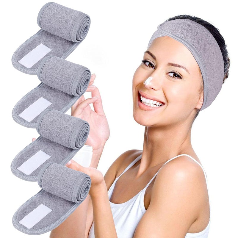 TDHDIKE Facial Spa Headbands 4 PCS Makeup Shower Bath Wrap Sport Headband Terry Cloth Stretch Towel with Magic Tape Gray  - Image 1