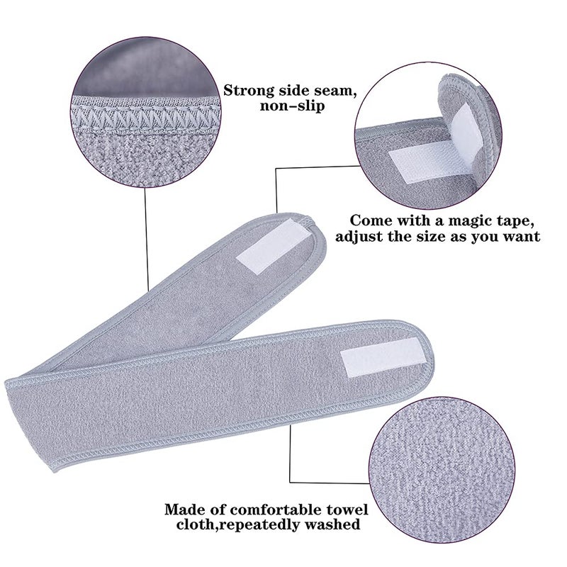 TDHDIKE Facial Spa Headbands 4 PCS Makeup Shower Bath Wrap Sport Headband Terry Cloth Stretch Towel with Magic Tape Gray  - Image 3