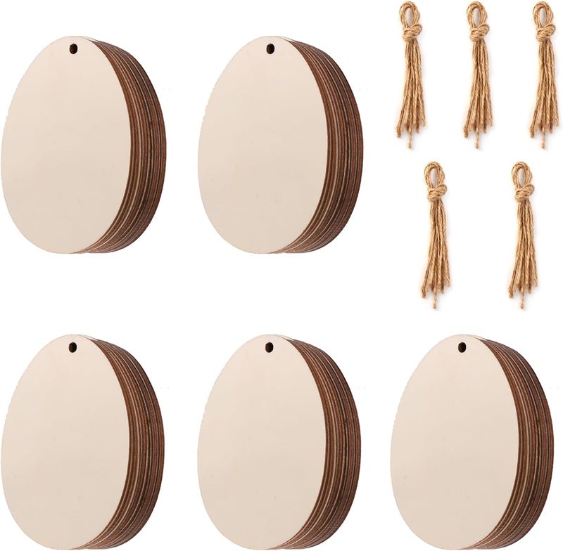 Tmflexe 50-Pack Paintable Wooden Easter Ornaments - DIY Craft Eggs & Hanging Wood Slices for Kids Art - Image 1