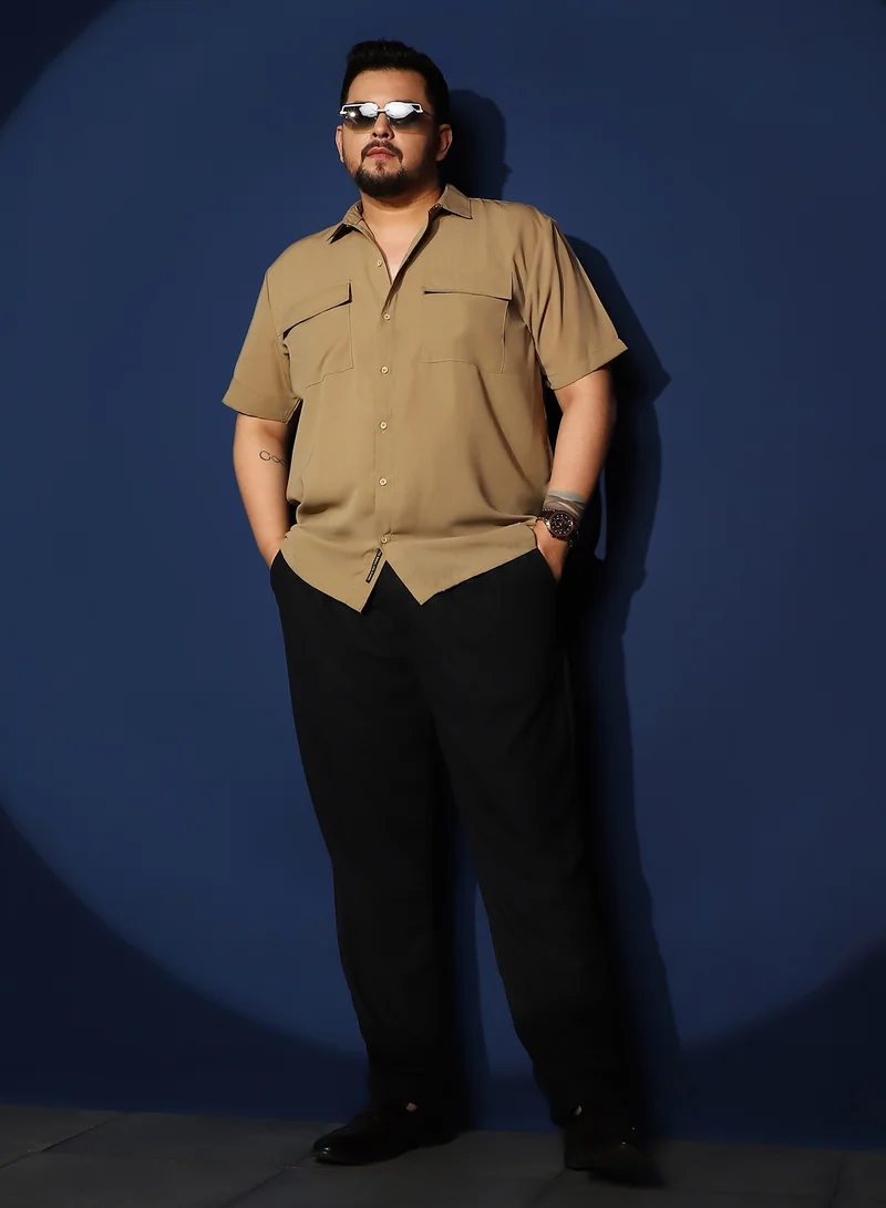 Instafab Plus Instafab Plus Men's Khaki Beige Relaxed Utility Shirt For Casual Wear | Spread Collar | Short Regular Sleeves | Button Closure | Plus Size Shirt Crafted With Comfort Fit For Everyday Wear